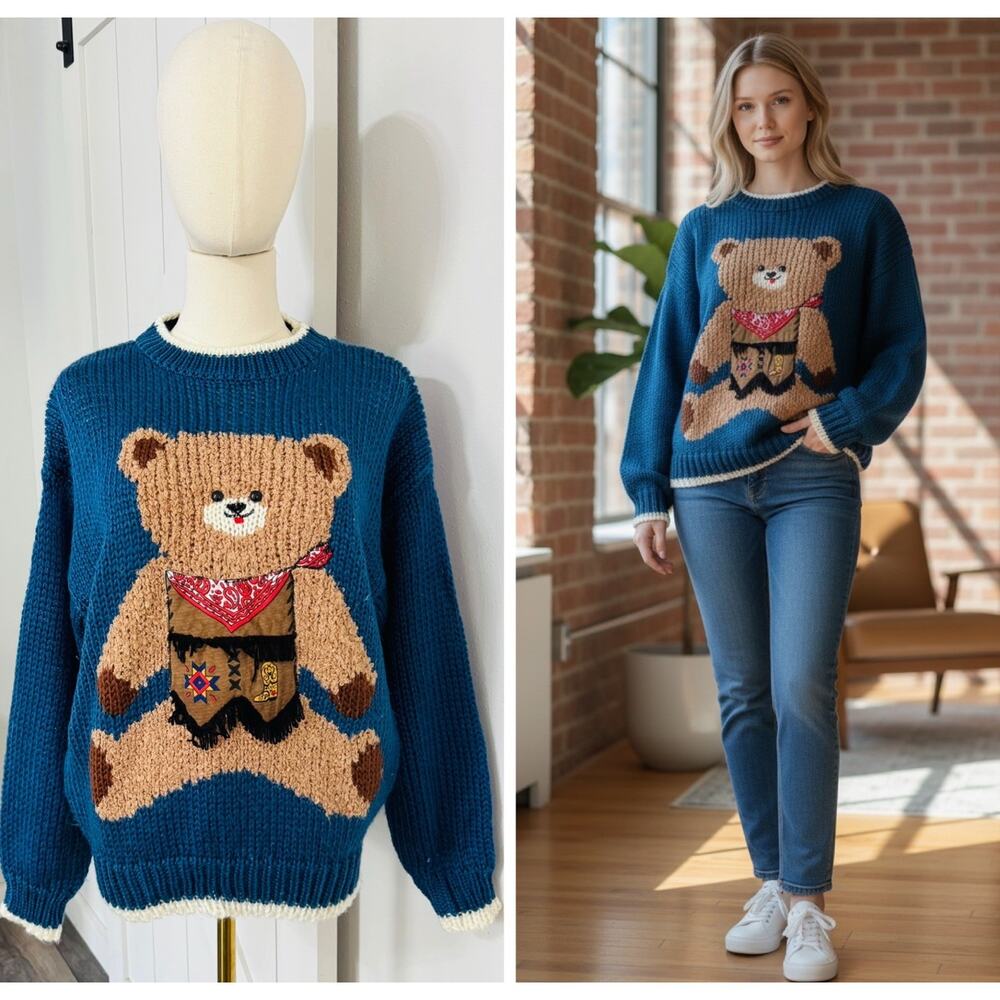 VTG 80s/90s Color Cues Size M Hand-Knit Teddy Bear Sweater Grannycore Western